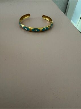Gold Tone and Teal Evil Eye Cuff Bracelet